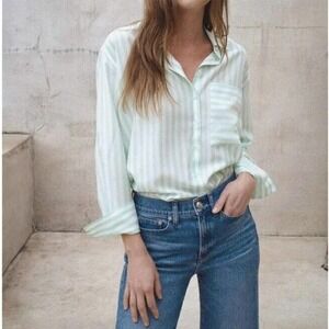 AYR The Plunge Pool Button Up Silky Shirt Sz L Striped Wasabi Green Ecosilk